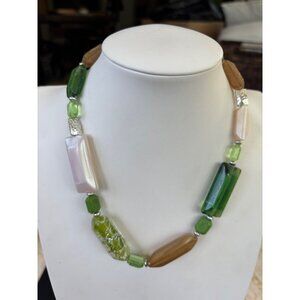Multicolored Glass Bead Necklace With Green Brown & Pearl Tones Featuring Varied